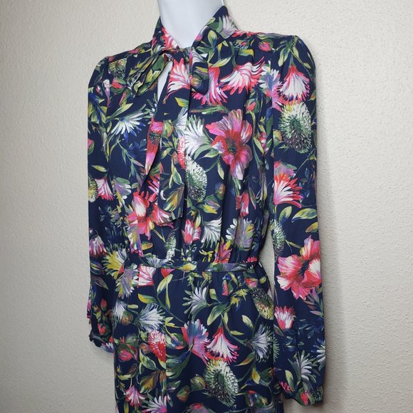Jcrew Sz XS Tie-Neck Navy Floral Print Sheer Top Midi Dress (475) - Picture 6 of 10